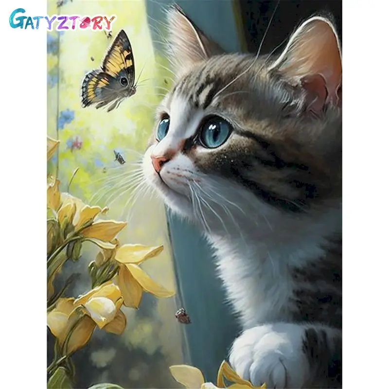 

GATYZTORY Painting By Number Cat Butterfly Kits Handpainted Picture By Number Animal Drawing On Canvas Home Decoration DIY Gift