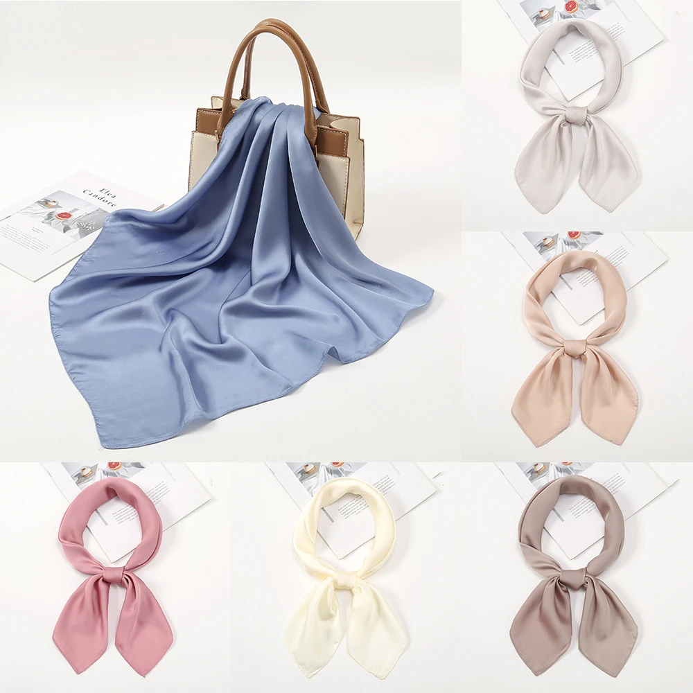 

70*70Cm Small Square Scarf Solid Color Women Satin Scarves Shawl Wrap Hijab Office Lady Hair Band Headkerchief Female Bandana