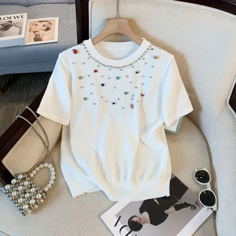 Женская одежда шикарные цветные футболки со стразами круглым вырезом и коротким