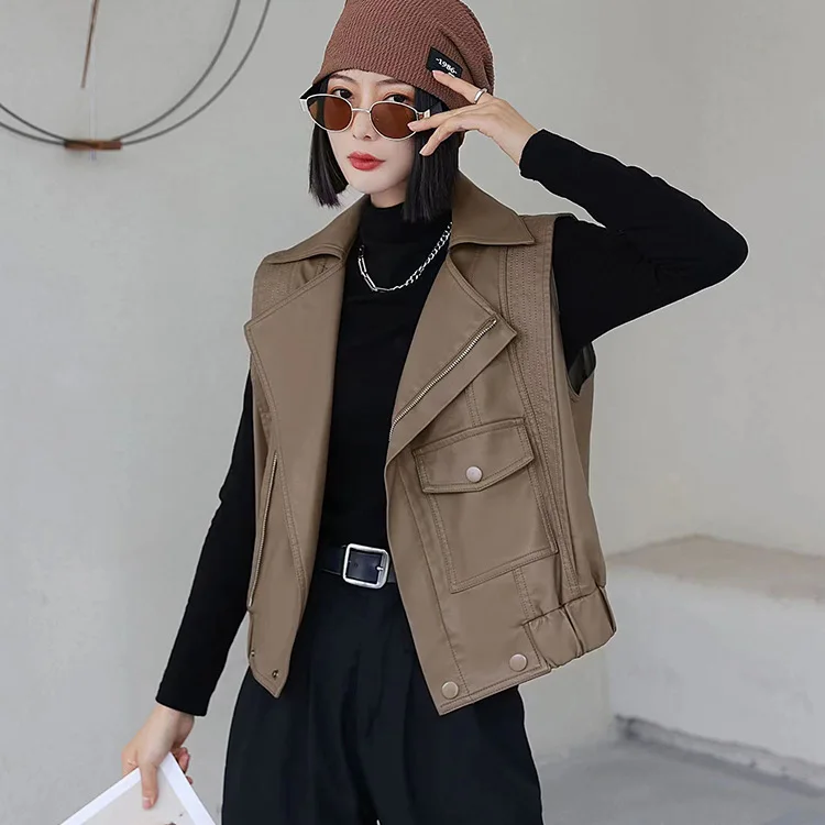 KoHuiJoo Korean Short Leather Coat Women Sleeveless Waistcoat Top 2022 Autumn Turndown Collar PU Leather Casual  Zippers Jacket