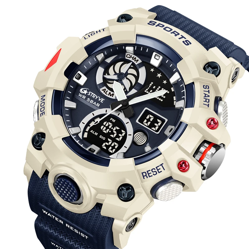 2023 New STRYVE Men's Watch Fashion Trend Double Movement Men's Watch Luminous Calendar Multifunctional Waterproof Watches 8027