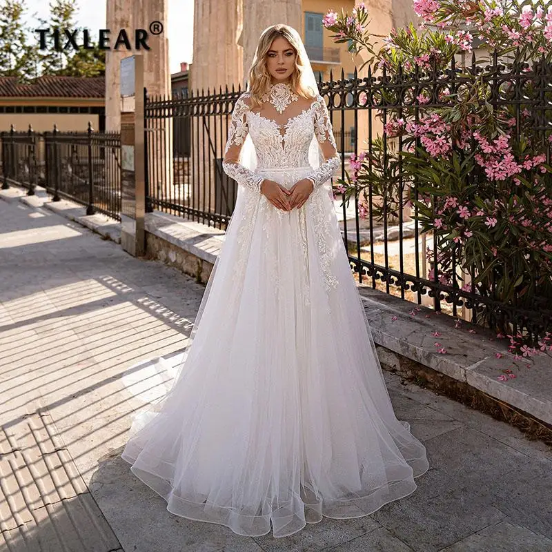 

YEEH Classic High Neckline Wedding Dress A-Line Lace Appliques Robe De Mariee Boho Full Sleeves Customize Vestido De Novia