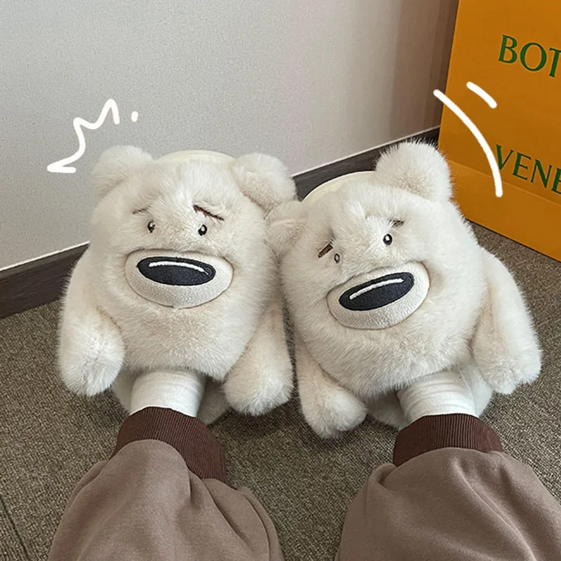 

Женские плюшевые тапочки с милым медведем, домашние тапочки с мультяшными животными, зимние теплые пушистые удобные шлепанцы с мягкой подо...