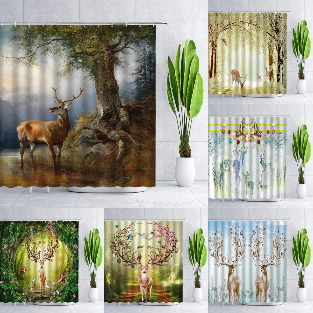 

Forest Sika Deer Shower Curtain Bathroom Decor Animal Flowers Bird Nature Scenery Waterproof Cloth Bath Curtains Sets With Hooks