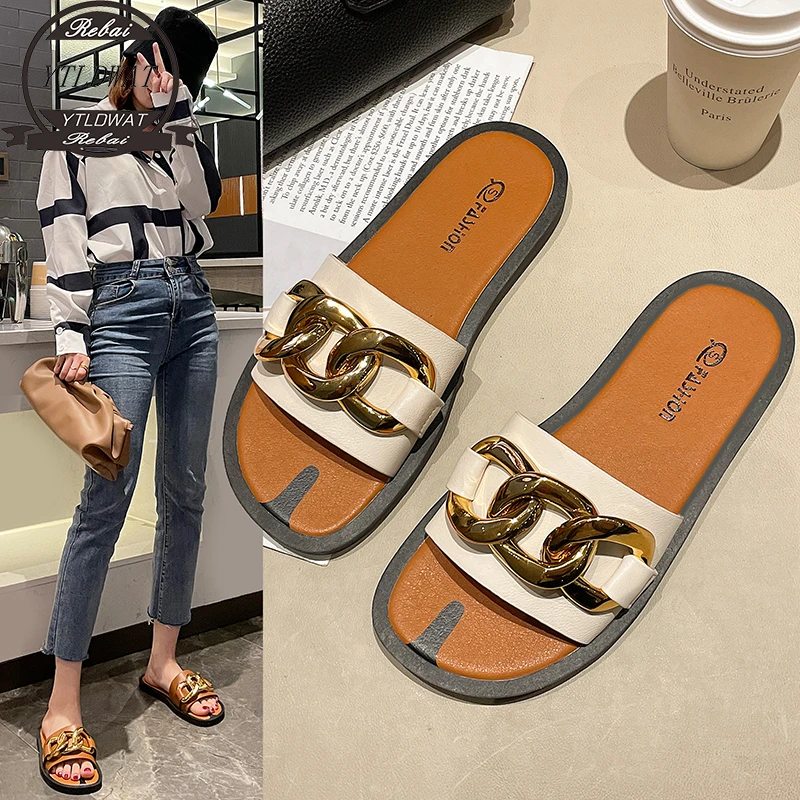 

Шлепанцы женские резиновые, повседневная обувь, сланцы, роскошные мягкие на плоской подошве, модные базовые, металлические украшения, 2022