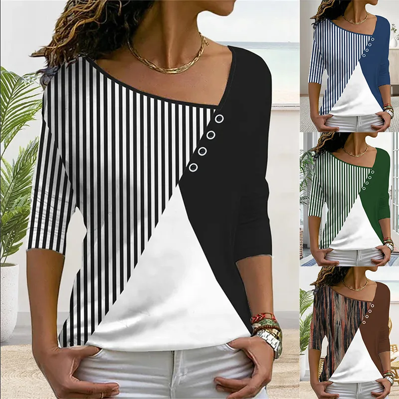 

Fashion Patchwork Striped Top Printed V-Neck Casual Long Sleeve T-Shirt Women