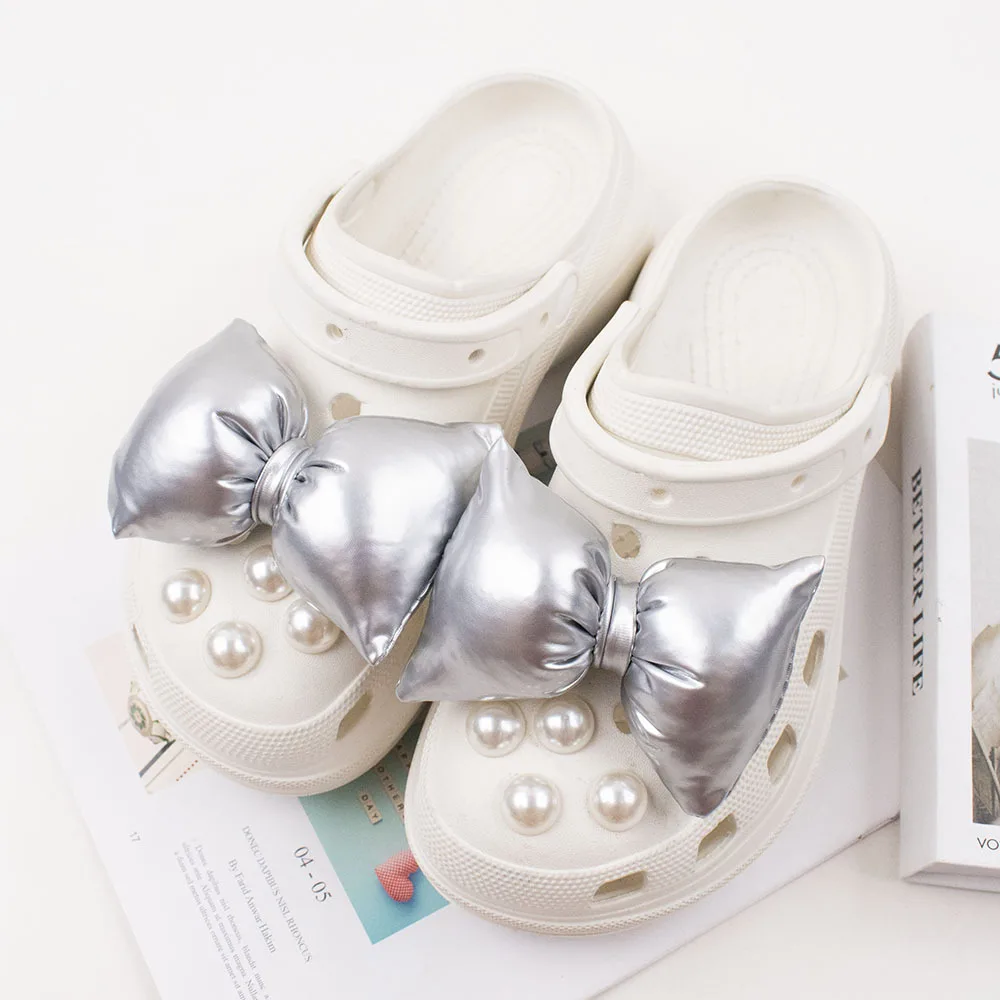 

1Set Silver Cotton Bow Cute Croc Charms Brand Designer Shoes Charms Pearl Croc Accessories Buckle Shoe Decorations DIY