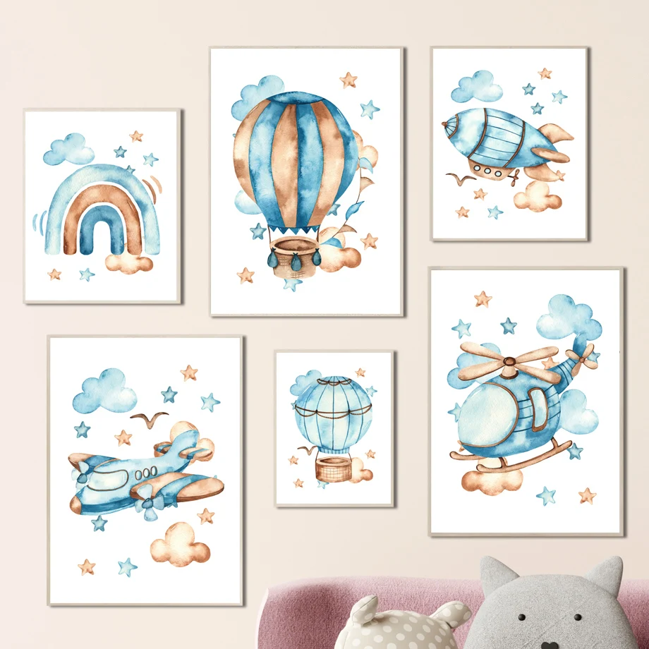

Hot Air Balloon Rocket Helicopter Rainbow Cartoon Art Canvas Painting Nordic Posters And Prints Wall Pictures Kids Room Decor
