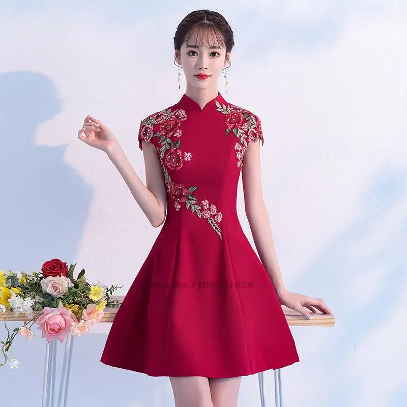 

2022 chinese dress qipao cheongsam mandarin collar vintage button chinese qipao exquisite embroidery floral chorus banquet dress