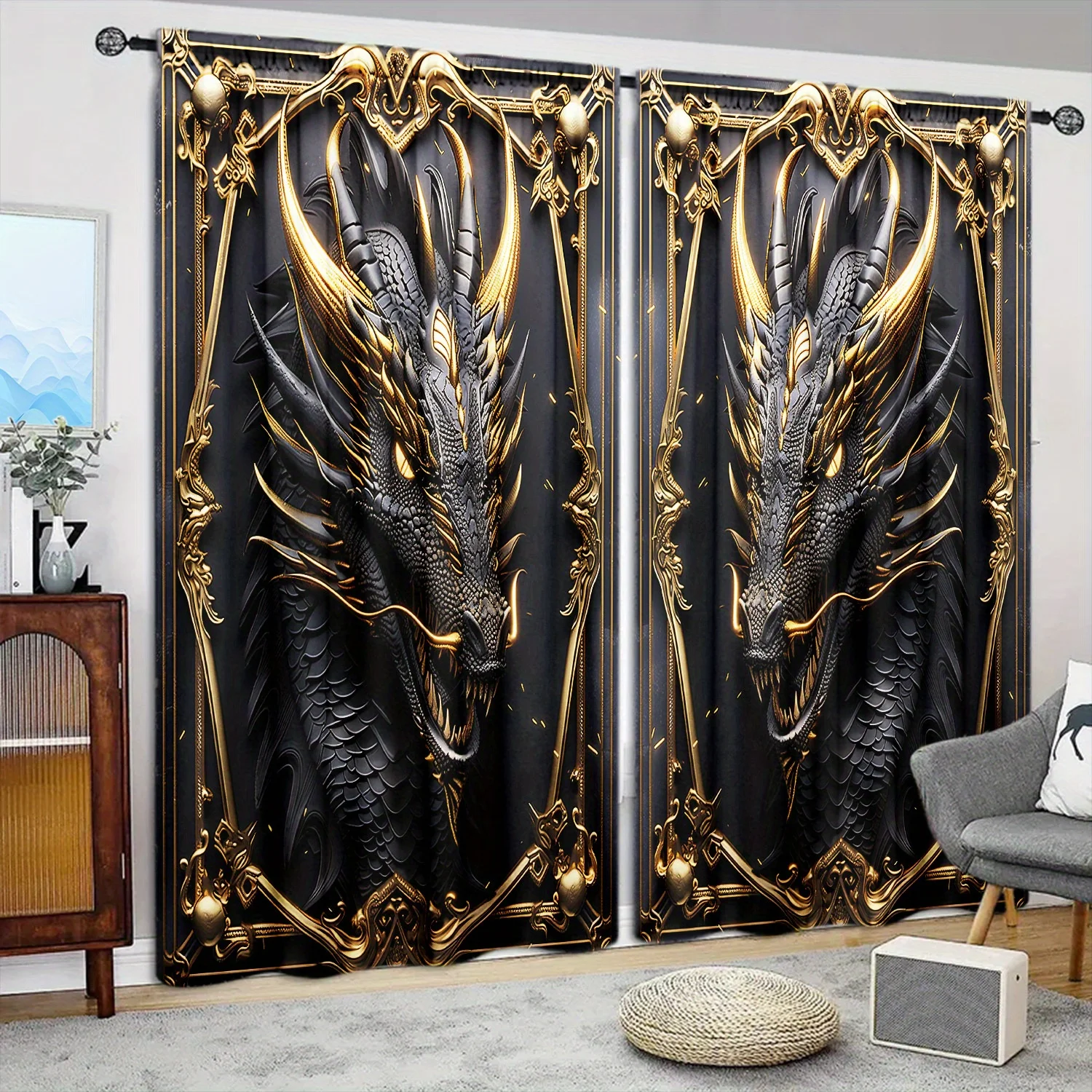 

2 шт. шторы с принтом черного дракона из полиэстера