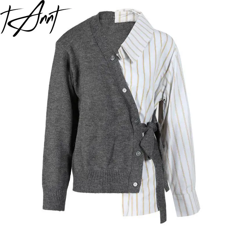 

Tannt Women Sweater Patchwork Asymmetry Bandages Cardigan Knitting Irregular Stripes Fashion Color Matching Sweater Tops 2023