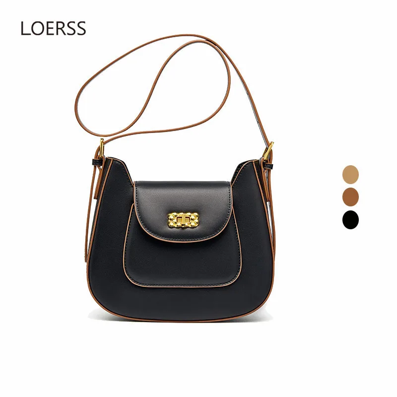 LOERSS Saddle Bag for Women Solid Color Genuine Leather Underarm Bag Versatile Commute Shopping Hand Bags Mini Purse and Handbag