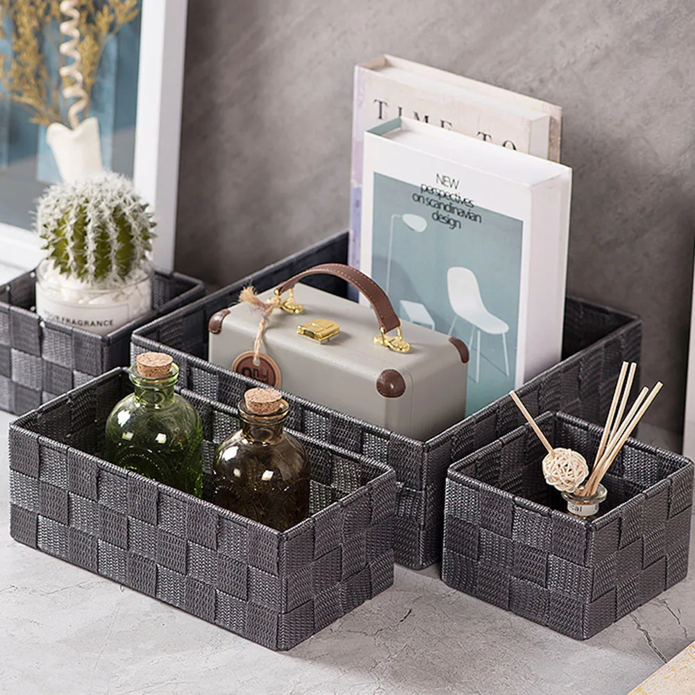 

1pc Hand Woven Nylon Storage Basket Grocery Remote Control Storage Basket Desktop Organizer 26x26x9.5cm