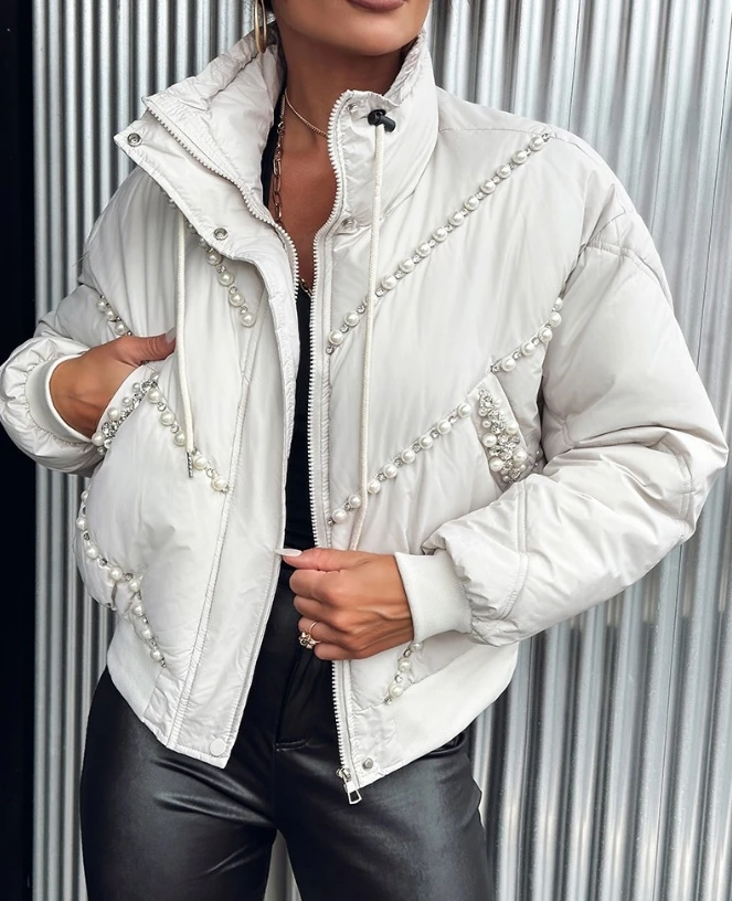 

Women 2023 Autumn Winter New Fashion Casual Stand Collar Beaded Drawstring Pocket Zipper Beaded Quilted Puffer Coat Outfits
