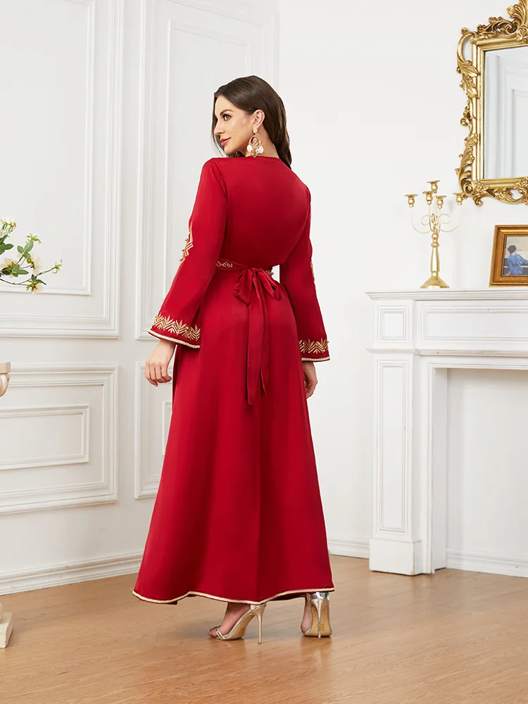 Red Kaftan Wedding Morocco Caftan Dubai Turkey Ramadan Women Long Dress Elegant Beads Dress with Belt Fashion Female Clothing