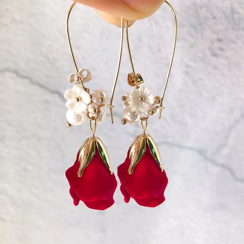 Rose petals big ear ring earrings 2022 new long style temperament red earrings pendant red women's earrings
