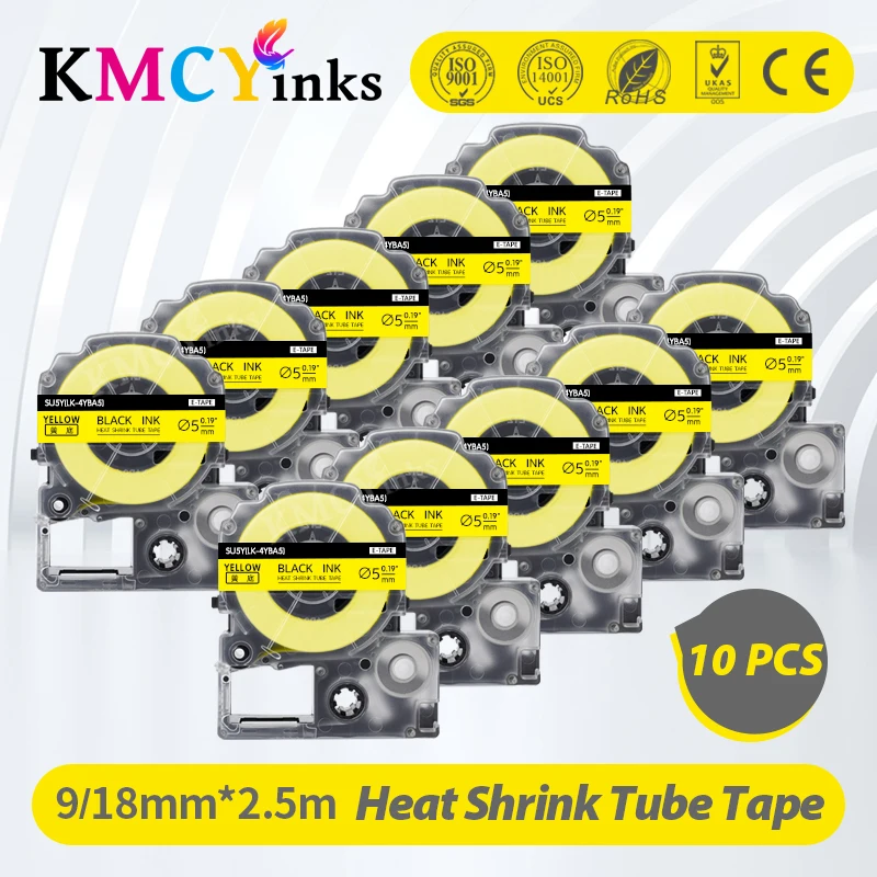 

10Rolls 9mm SU5Y Printable Heat Shrink Tube Label Tape LK-4YBA5 Black on Yellow Tape for Epson LabelWork Label Maker LW300 LW400