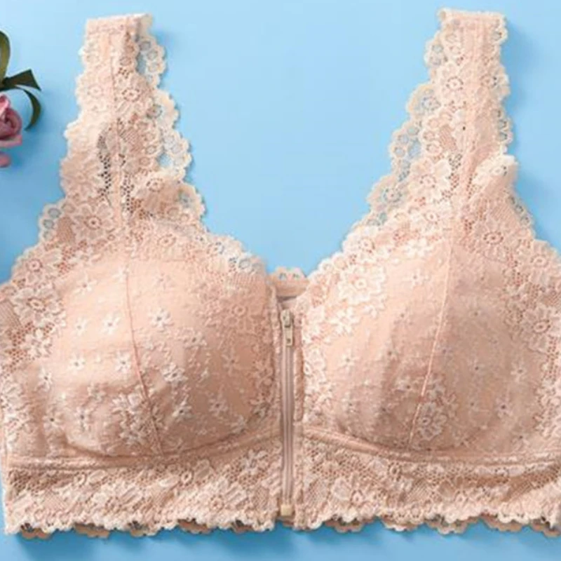 Female Lingerie Front Zip Women Lace Bra Top Push Up Full Cup Bralette Lady Seamless Wireless Bras Fashion Vest Gather Underwear