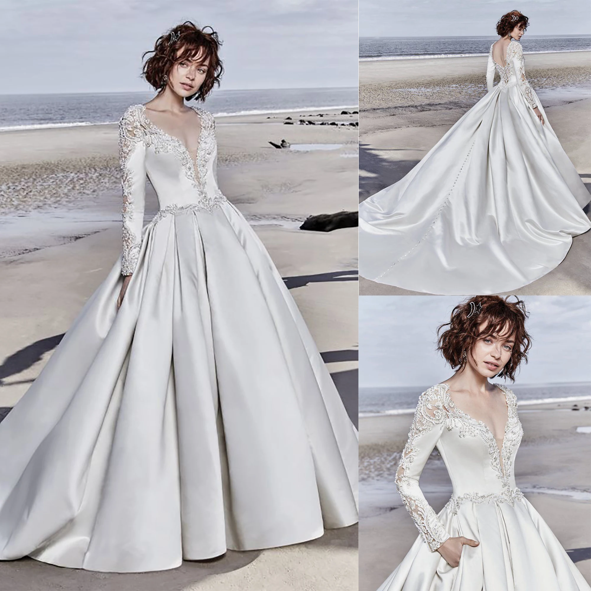 

Princess Evening Dresses V Neck Long Sleeves Appliques Lace Prom Gowns Custom Made Sweep Train Special Occasion Wear