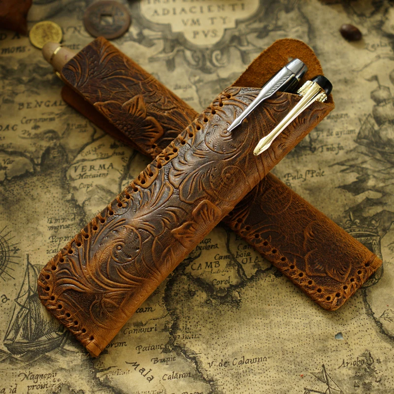 

Handmade Leather Pencilcase for 1 2 Pens Holder Pouch Bag Hand Made Cowhide Pencil Case School Office Supplies Stationery Gift