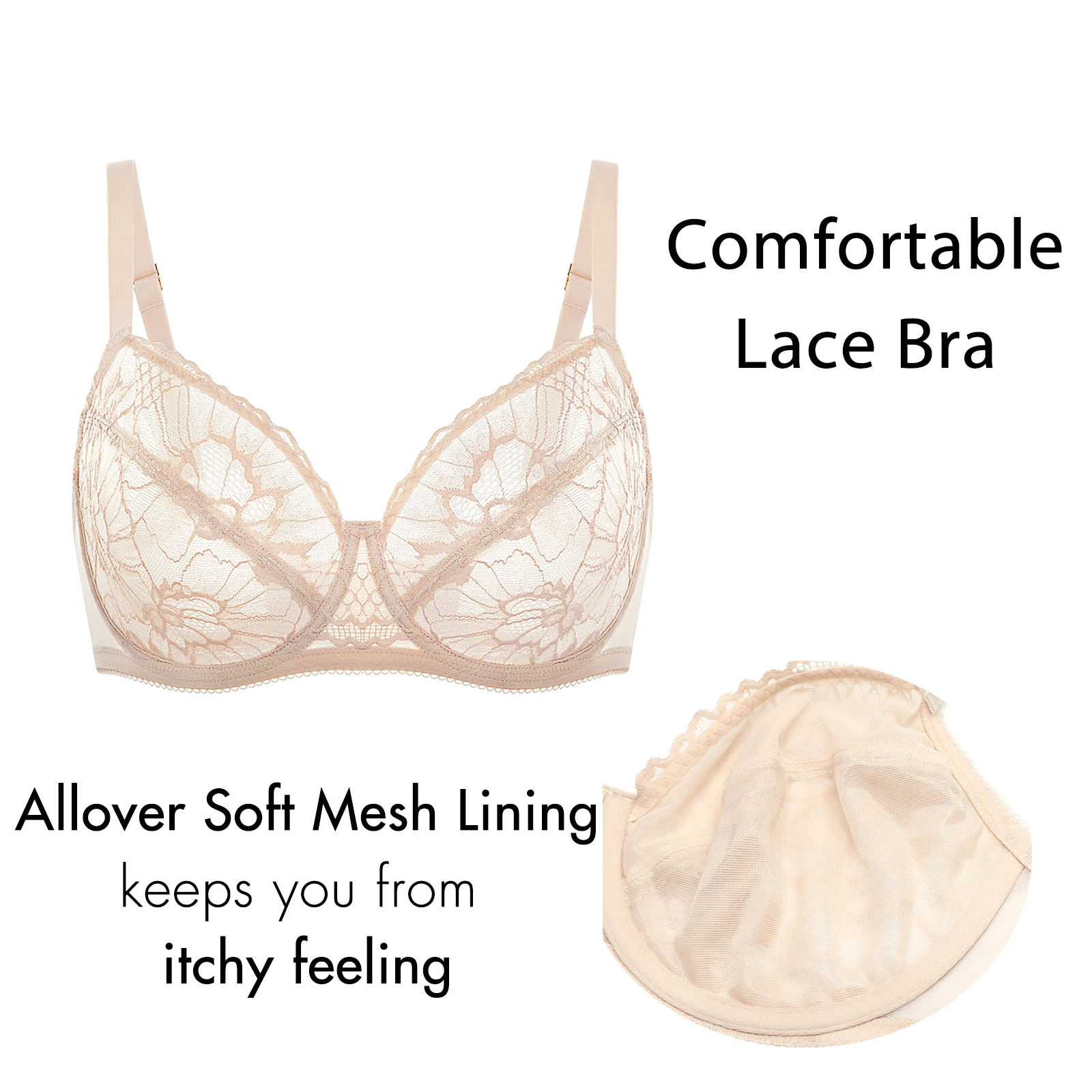 Women's Lace Bras Underwire Full Coverage Minimizer Plus Size Seamless Transparent Unlined Bra