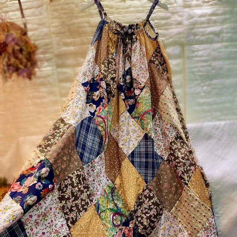 Летнее винтажное хлопково-льняное платье на тонких бретельках в стиле пэчворк Wura