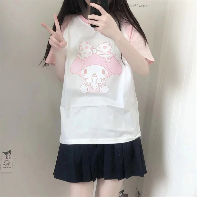 

Sanrio Melody Y2k Top Women's Short Sleeve 2022 New Loose Pink White Design T-shirts Kawaii Lolita Girl Trendy Loose Tees Shirt