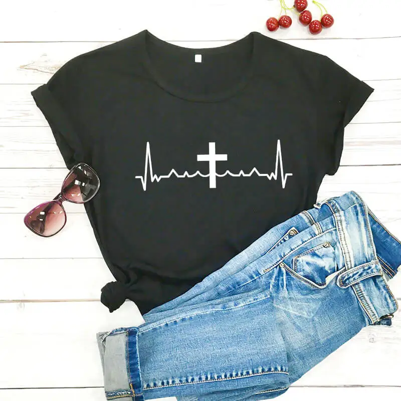 

Christian Shirt Religious Shirts Faith Shirts Dropshipping Cross Heartbeat Jesus Shirt Woman Tee Funny T Shirt