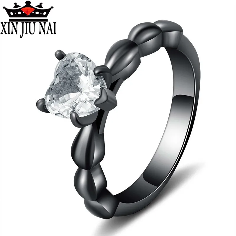 

Punk Heart Love Engagement Rings For Women Bling CZ Black Stainless Steel Female Alliance Jewelry Rings For Women 6-10