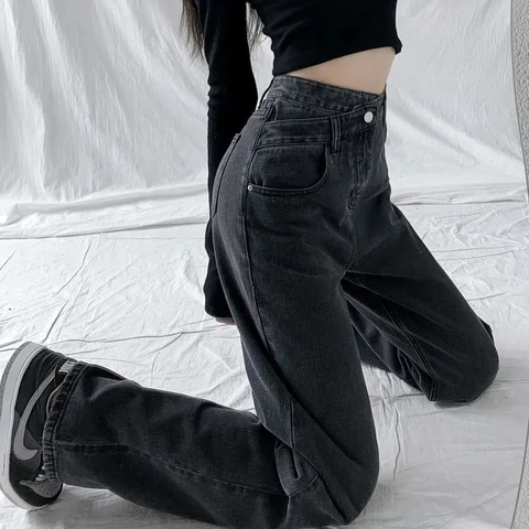 Sexy Cross High Wasit Women Jeans Spring 2023 Washed Casual Loose Wide Leg Pants Woman Solid Blue Simple Student Denim Trousers