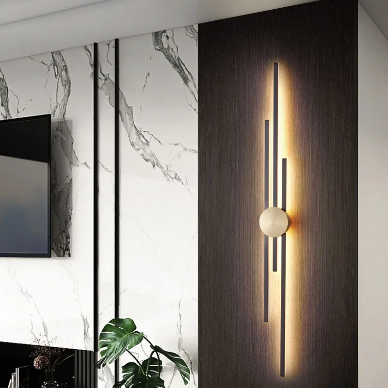 

Surface Mount minimalist Luxurious Black Gold LED Long Wall Light 220V 110V 50~123CM Nordic style Indoor Coppe Wall Lamps Sconce