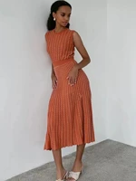 vintage knitted dress for women o collar draped sleeveless high waist knit midi a line dresses female 2022 spring fashion new