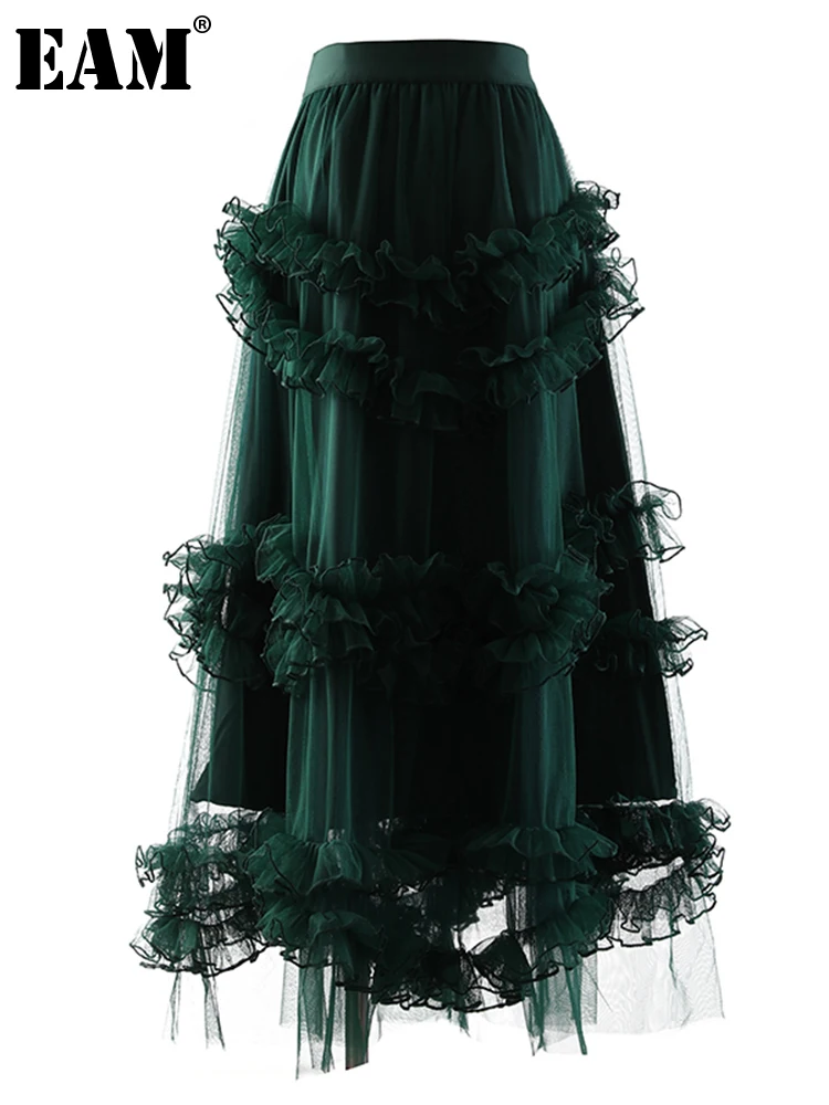 

[EAM] элегантная юбка средней длины с высокой эластичной талией и зелеными сетчатыми оборками, женская модная новинка сезона весна-осень 2023 1DE6881