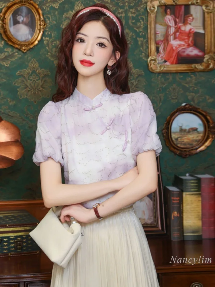 Новая шифоновая рубашка в китайском стиле с пуговицами-лягушками и коротким