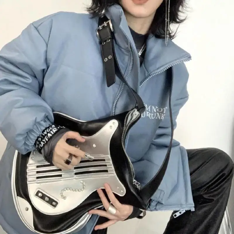Original Black And White Retro Irregular Rivet Studded Diamond Guitar Shaped Color Matching Women Crossbody Bag Rock Hip-hop Bag