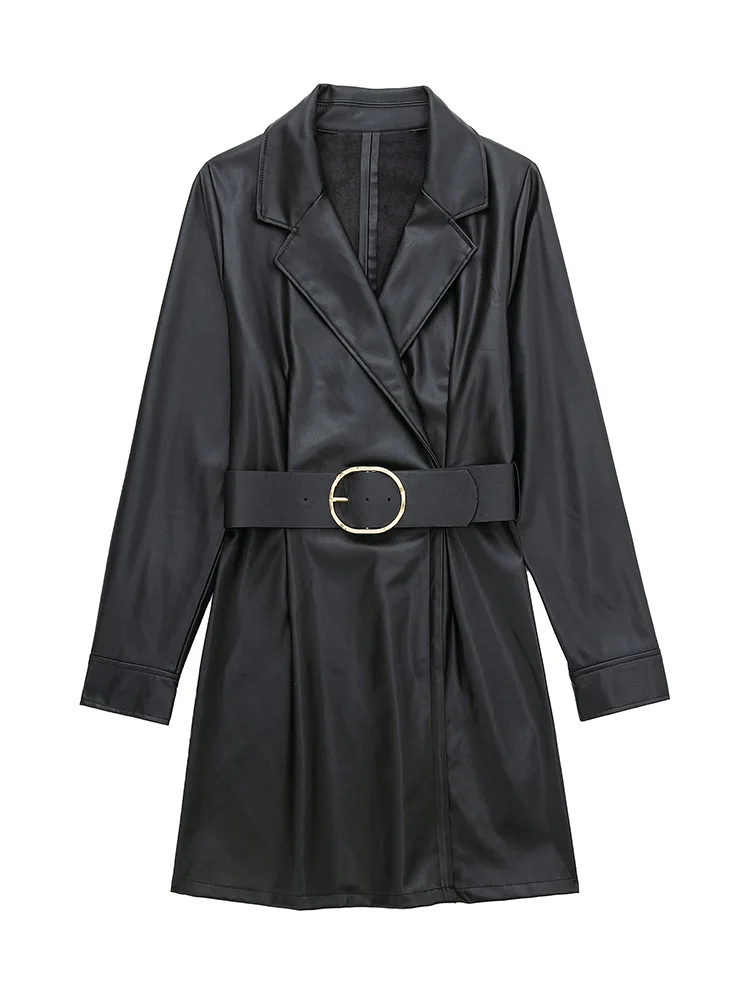 

Женские платья 2022 с зубчатым лацканом офисное платье-блейзер из искусственной кожи с длинным рукавом элегантное черное мини-платье из иску...