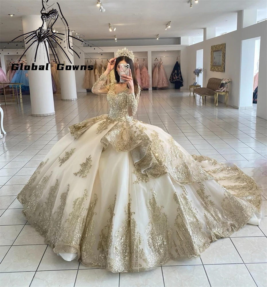 

Princess Champagne Sweetheart Ball Gown Quinceanera Dress For Girls Beaded Appliques Birthday Party Gowns Tiered Prom Dresses