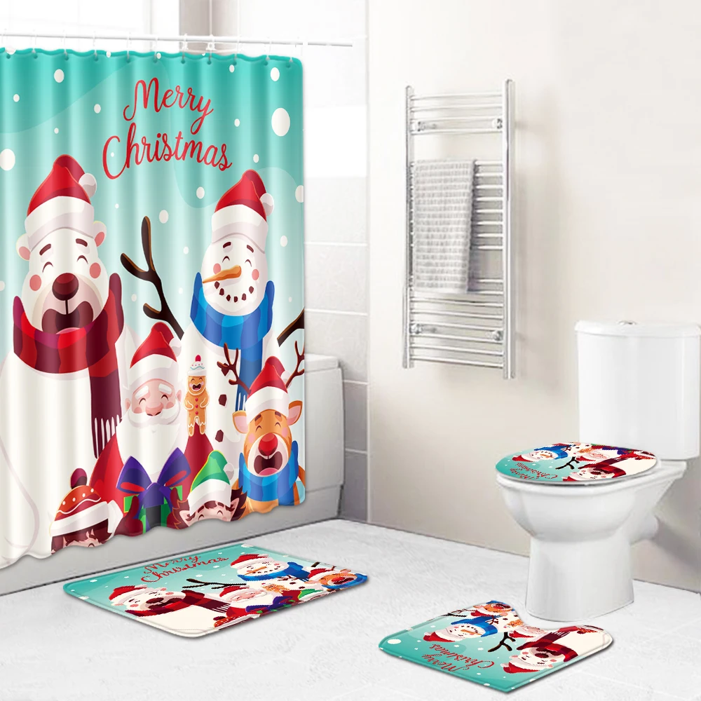 

Christmas Waterproof Shower Curtain Set Xmas Tree Shower Curtain Bath Mat Toilet Pad Set Non-slip Toilet Bathroom Mat Set 4pcs