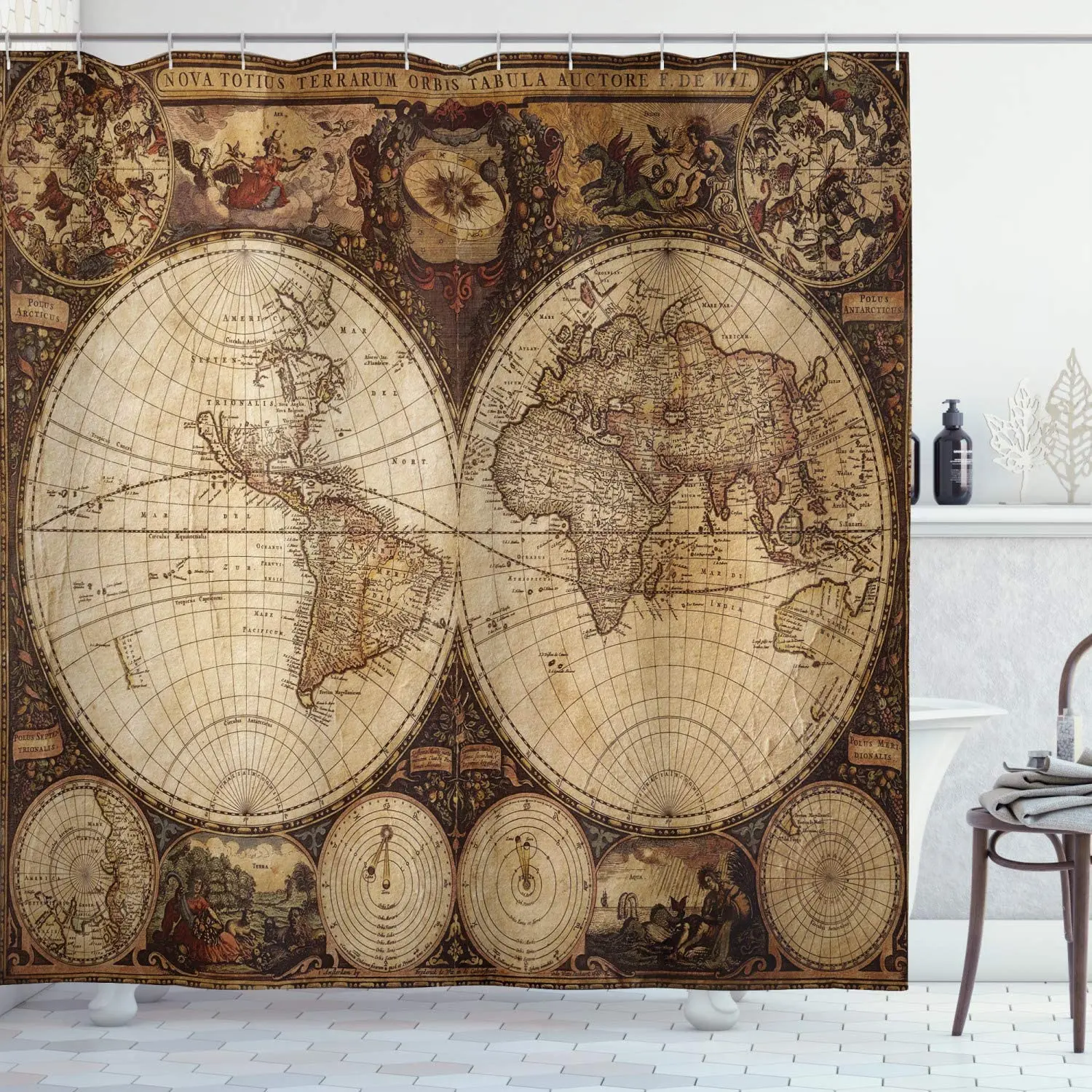 

World Map Shower Curtain, Old World Map Drawn in 1720s Nostalgic Style Art Historical Atlas Vintage Fabric Bathroom Decor Set