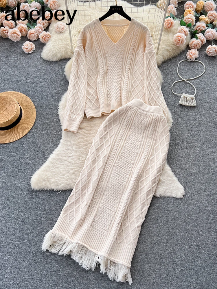 

Soft Elegant Vintage Women Suits 2023 New 2 Pieces Female Sets V Neck Sweater & Midi Dress Ladies Knitted TrackSuit