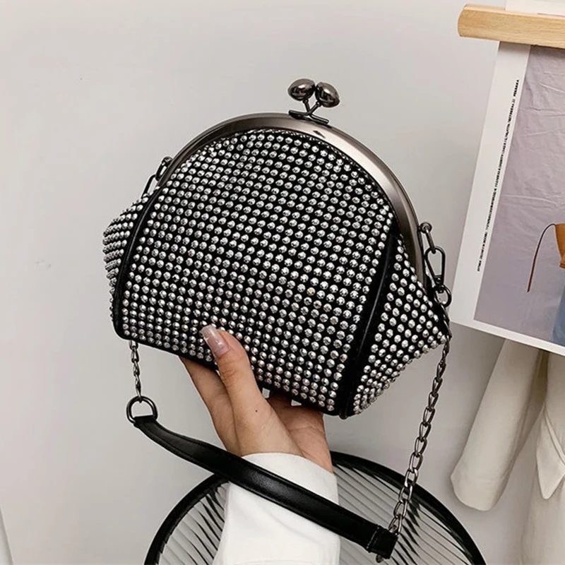 

Модная женская сумка через плечо со стразами, женская сумка через плечо с цепочкой, женская сумочка с маленьким поцелуем и замком, Милая Чер...