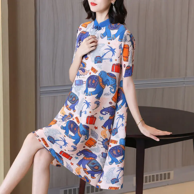 

Summer fashion printing fold dress female 2022 new niche design sensor retro casual short sleeve o neck skirt dress female tops