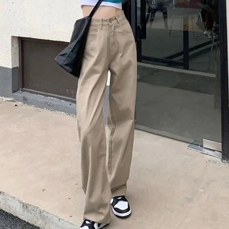 

Модные женские джинсы цвета хаки, Свободные повседневные широкие брюки с высокой талией, тонкие универсальные женские прямые брюки 2022