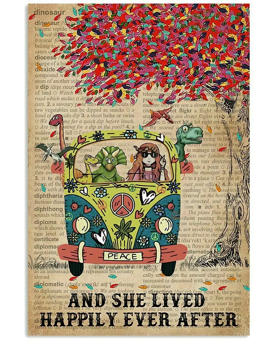

Dictionary and She Lived Happily Dinosaur Metal Tin Sign Retro Vintage Cottage Garden Restaurant Farm Coffee Shopping Mall Farm
