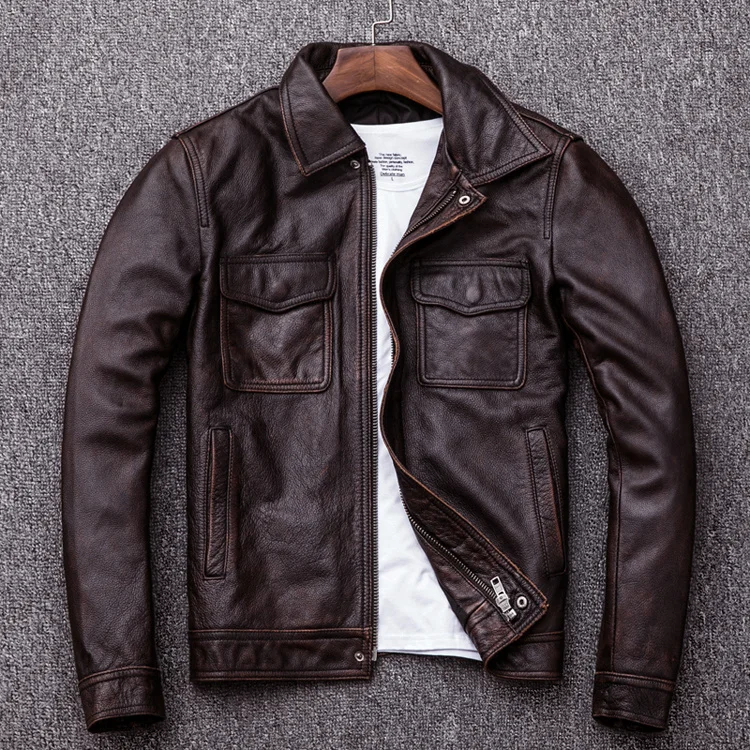 

Free shipping.Plus Size classic leather jacket,short genuine leather coat,vintage brown mens slim leather clothes.father sales