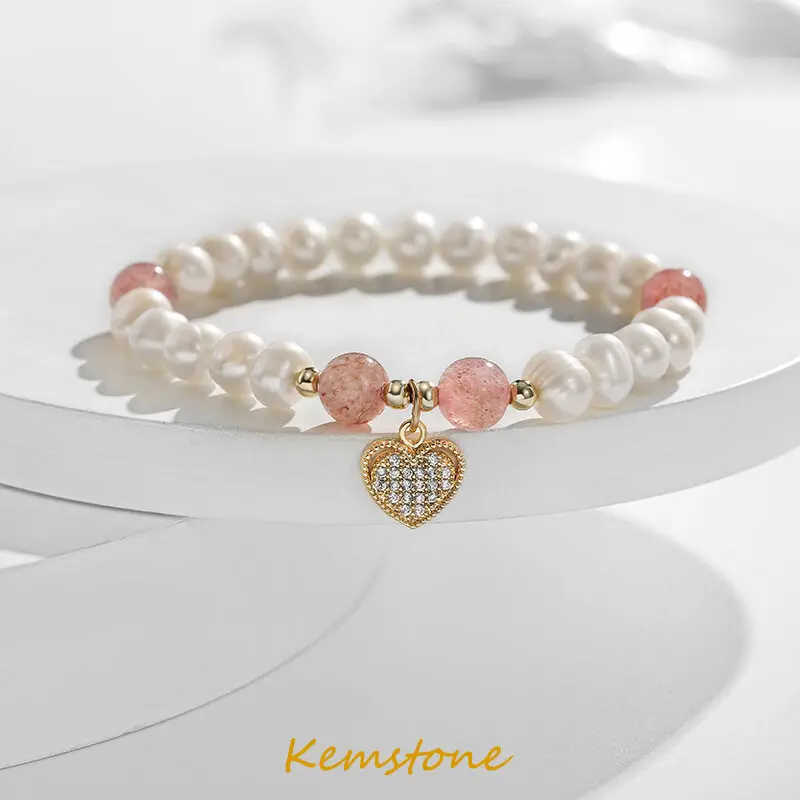 

Kemstone Freshwater Pearl Designer Bracelet Charms Love Strand Bracelet Fashion Jewelry for Women Gift