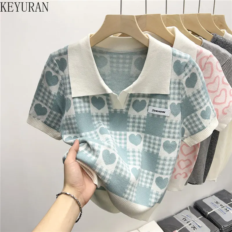

Женский трикотажный свитер с геометрическим рисунком, Повседневная футболка с коротким рукавом и отложным воротником в Корейском стиле, лето 2023