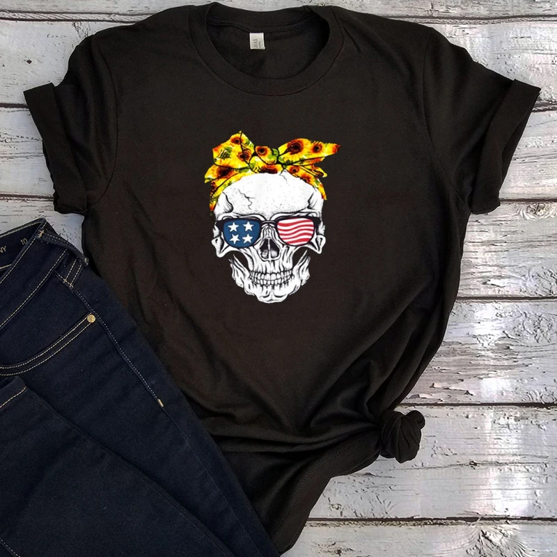 

Женская футболка с черепом, женская одежда на День Независимости, женская футболка, Милые Забавные футболки, летние футболки