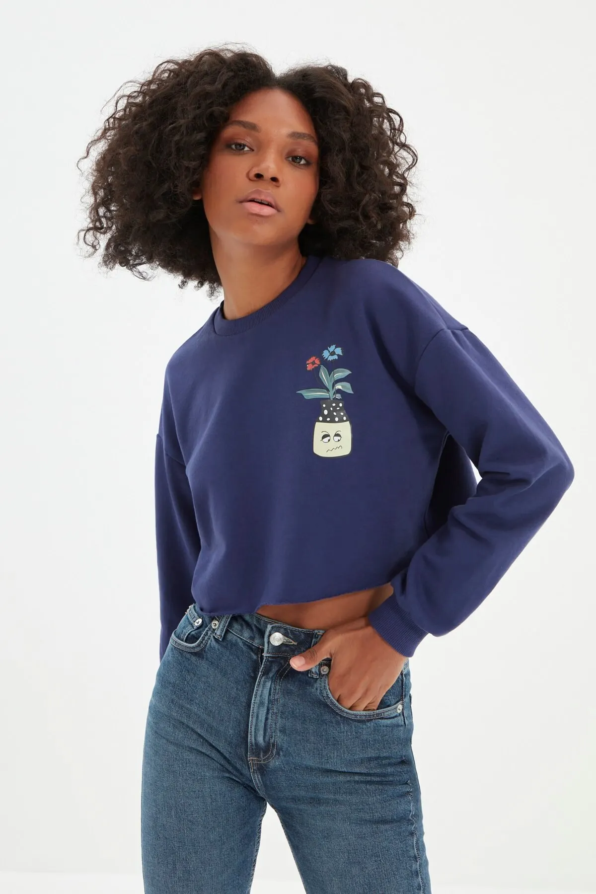 

Женский свитшот темно-синий 100% органический хлопок укороченный принт вязаные толстовки Модные всесезонные Новые пуловеры флис