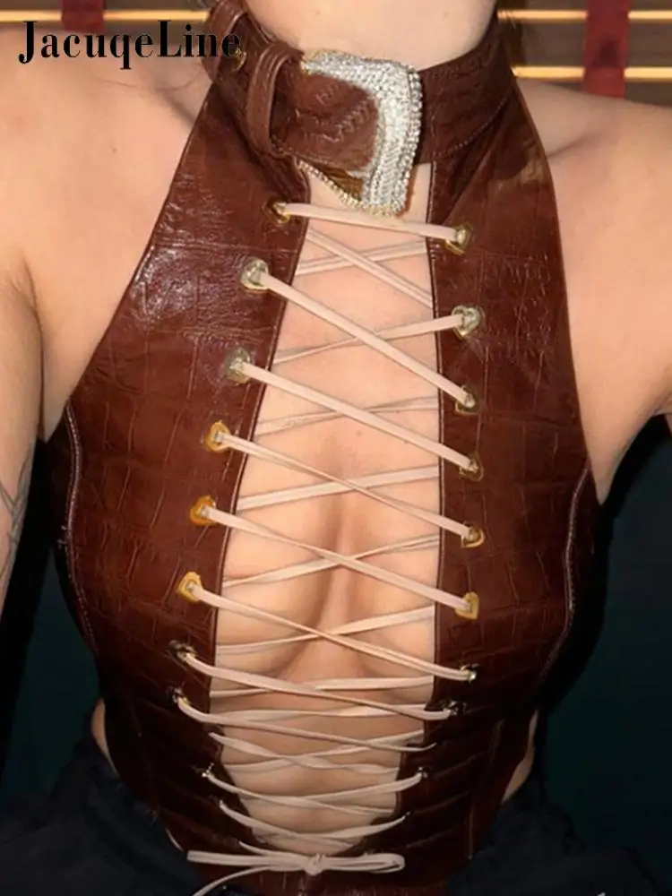 

Кроп-Топ женский с открытой спиной и карабином, из ПУ кожи